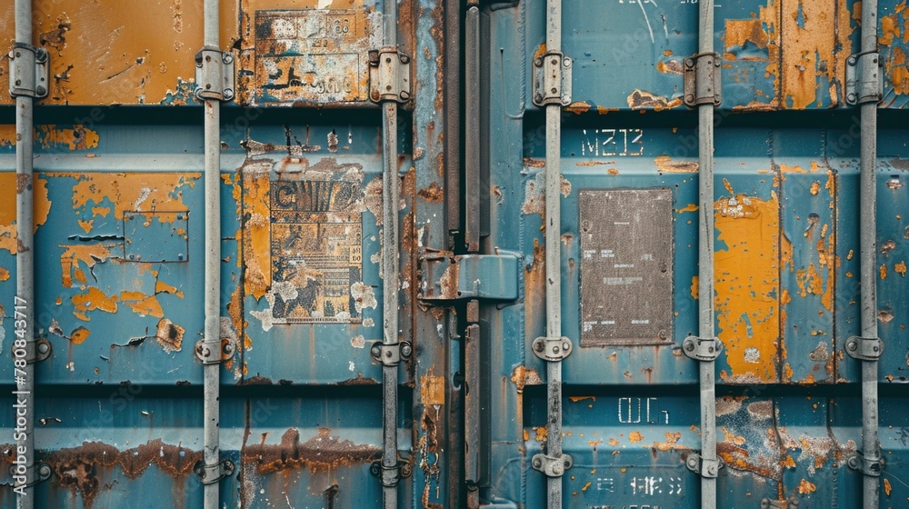 Poster Close up of a blue container with rust. Suitable for industrial concepts