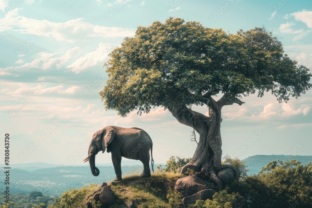 Poster an elephant standing on top of a hill next to a tree. suitable for nature and wildlife themes