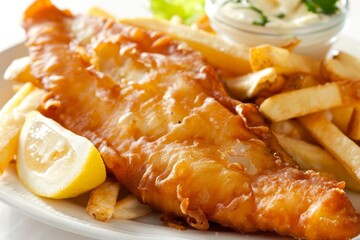 Tasty battered fish and chips on a plate - obrazy, fototapety, plakaty