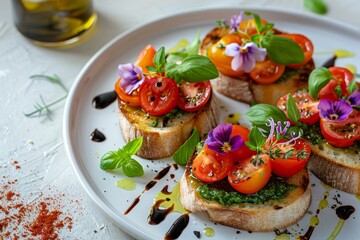 Tasty bruschettas with pesto sauce tomatoes balsamic vinegar and violet flower served on a white...