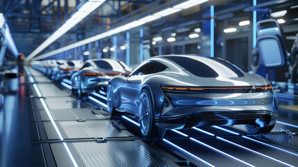 Next-gen automobiles on a high-tech assembly line, embodying the future of production and design