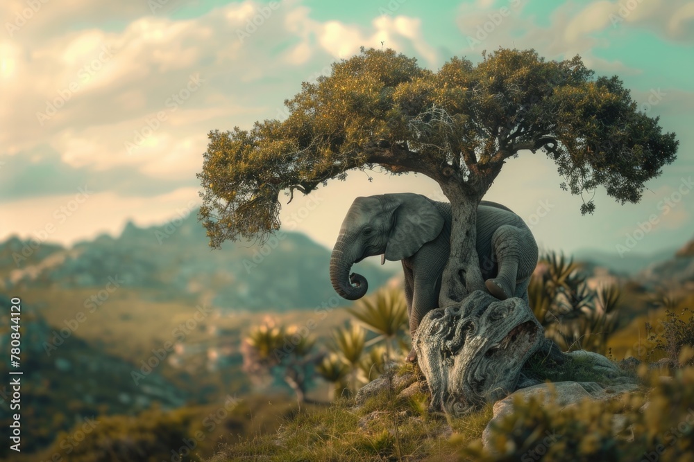 Poster two elephants standing next to a tree. suitable for nature and wildlife themes