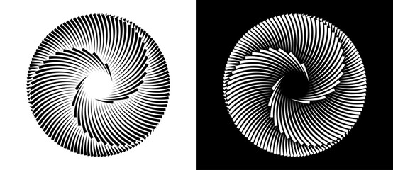 Set of circles with lines. Black spiral on white background and white spiral on black background. Dynamic design element with 3 parts.