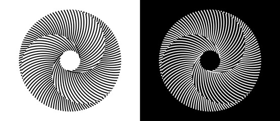 Set of circles with lines. Black spiral on white background and white spiral on black background. Dynamic design element with 3 parts.