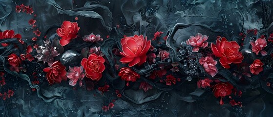 Red Flowers Abstract Dark Fluid Artistic Texture Elegant