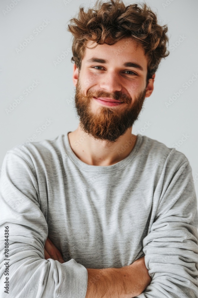 Poster a man with a beard smiling for the camera. ideal for business or lifestyle concepts