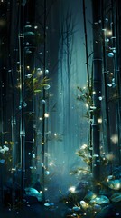 Enchanted Forest Nighttime Glowing Flowers Mystical Bamboo