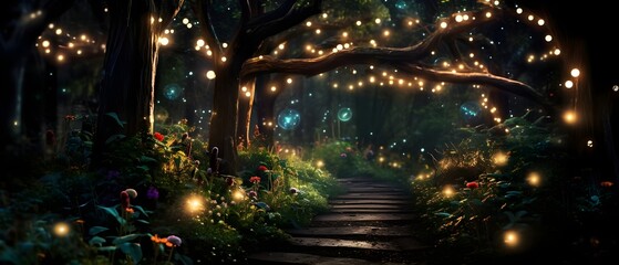 Enchanted Forest Path Mystical Lights Magical Evening Ambiance - obrazy, fototapety, plakaty
