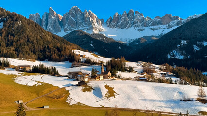 Spring landscape Dolomites Alps Santa Maddalena village Val di Funes valley South Tyrol Italy - 780844378