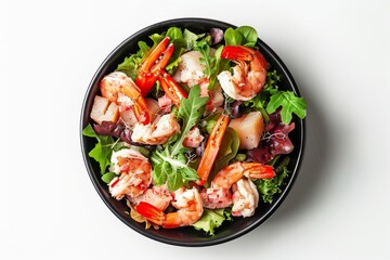 Tasty crab salad in black bowl isolated top view