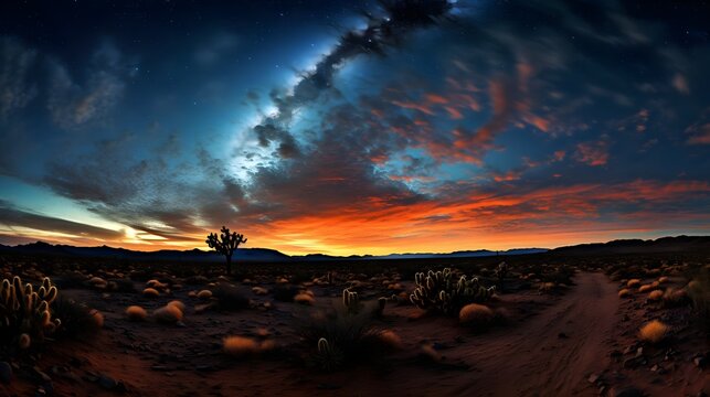 Desert Twilight Sky Stars Cacti Silhouette Panoramic Dusk Vibrant