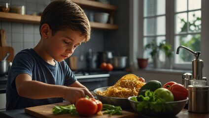 boy preparing breakfast in the kitchen - Powered by Adobe