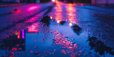 Neon Reflections on Wet City Street Post-Rainfall