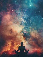 Galactic backdrop with a figure in lotus pose, embodying meditation, mindfulness, and cosmic symmetry - obrazy, fototapety, plakaty