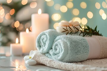 A beautifully arranged spa setting with candles, towels, and festive lights creating a serene ambiance