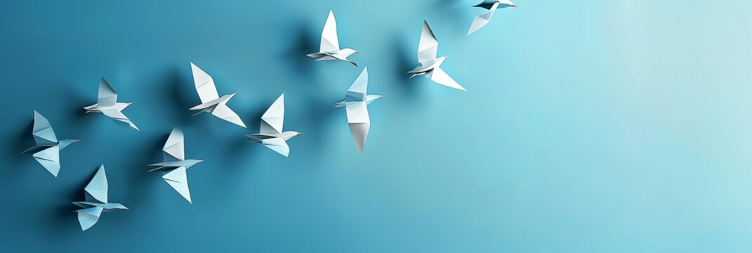 A flock of origami birds flying in formation signifies unity and leading change, with a clear blue background promoting calm