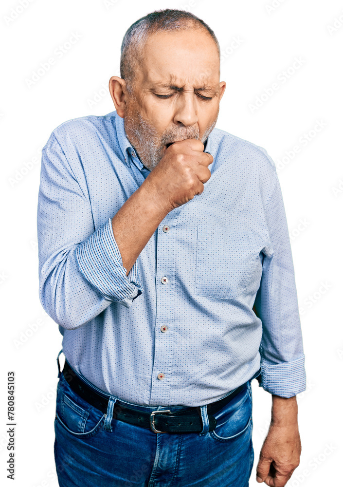 Wall mural Senior man with grey hair and beard wearing casual blue shirt feeling unwell and coughing as symptom for cold or bronchitis. health care concept.