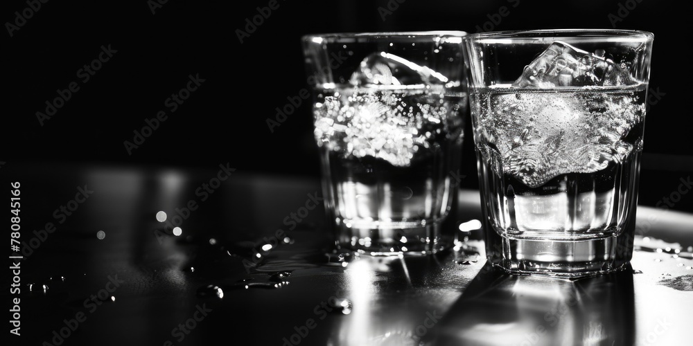 Poster refreshing image of two glasses of water with ice on a table. perfect for beverage or hospitality co