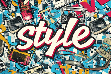A dynamic urban style collage with graphic text among icons of pop culture and everyday objects