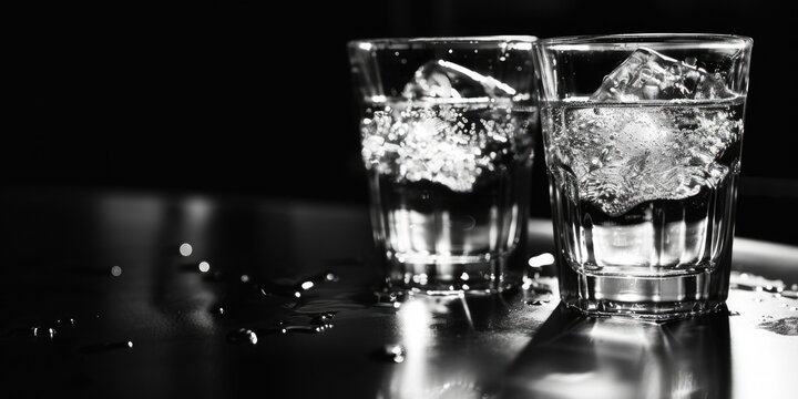 Refreshing image of two glasses of water with ice on a table. Perfect for beverage or hospitality concepts