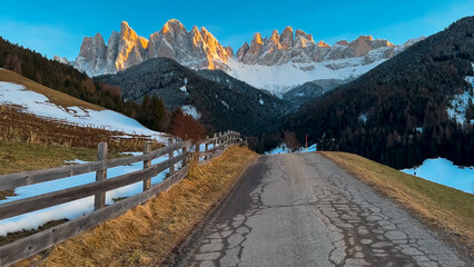 Spring landscape Dolomites Alps Santa Maddalena village Val di Funes valley South Tyrol Italy. - 780845315