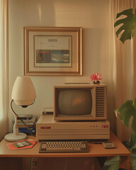 Retro computing corner, a shrine to vintage technology, with a classic beige computer and floppy disks