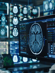 Futuristic brain scan technology in action, showcasing advanced medical diagnostics in a high-tech environment