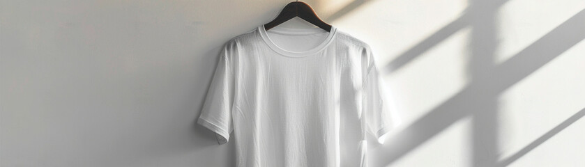 Crisp, blank white t-shirt hanging against a plain wall, perfect for branding or art mockups - obrazy, fototapety, plakaty