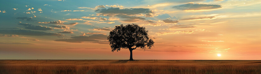 A lone tree stands in the savannah, silhouetted against a sunset sky, embodying solitude and natural grace