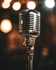 Vintage microphone awaiting the echo of music, a testament to performances that resonate through time - obrazy, fototapety, plakaty