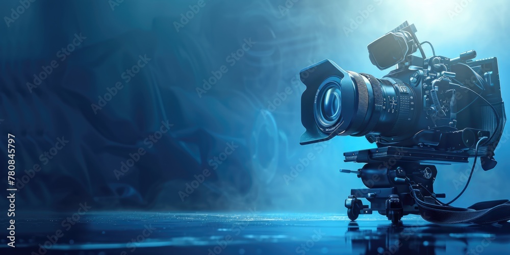 Poster a camera on a tripod in a dark room. perfect for photography concepts