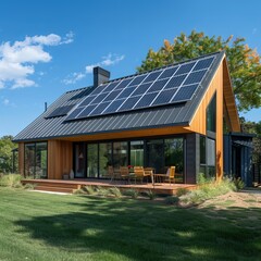 A sleek house with solar panels on the roof, promoting renewable energy practices