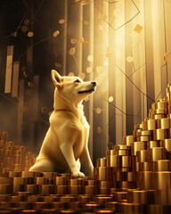 Visualize a serene scene where a golden dog coin rests peacefully, its graph charting the ups and downs of the market beside it.3D style