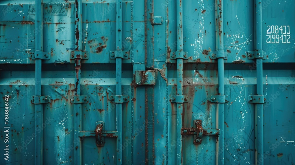 Poster Detailed shot of a blue container with rust, suitable for industrial concepts