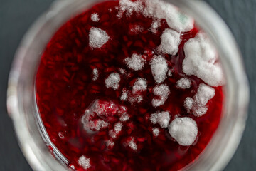 Mold in a glass jar of red raspberry jam, close up, top view. Mold is very dangerous to health