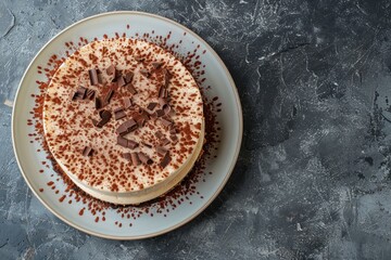 Top view of tiramisu cake with chocolate decoration on plate against grey stone background