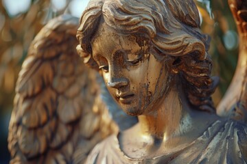 Detailed view of an angelic sculpture. Suitable for religious themes