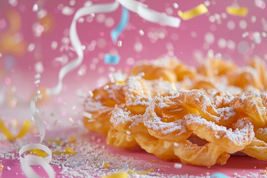 Traditional Finnish May Day funnel cake with pink streamer on background Close up