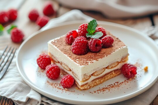 Traditional Italian dessert tiramisu with raspberries on white plate Selective focus
