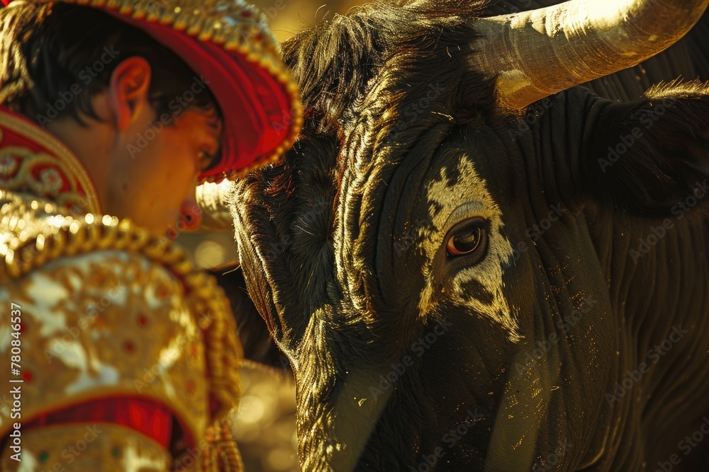 Aufkleber Close-up of a bull with a man wearing a red hat. Suitable for various projects