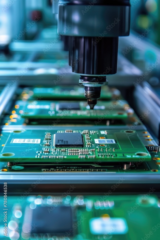 Poster Detailed view of a machine working on a circuit board. Ideal for technology and manufacturing concepts