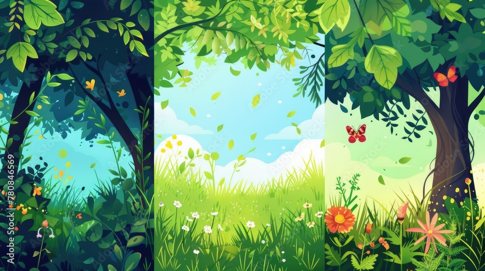 Poster set of four different backgrounds featuring trees and flowers. ideal for nature-themed designs