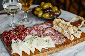 Traditional Spanish tapas with cured meats cheese olives and breadsticks on a wooden board
