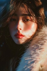 A close-up of a woman wearing a luxurious fur coat. Perfect for fashion or winter themed projects