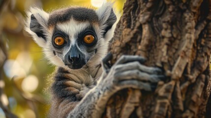 Fototapeta premium Close-up shot of a lemur perched on a tree. Perfect for nature and wildlife themes