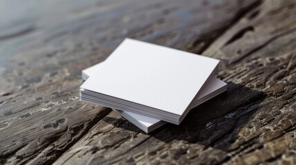 A stack of white cards on a wooden table. Ideal for business or education concepts - obrazy, fototapety, plakaty