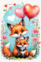 Fototapeta premium Beautiful fox mother and baby fox animals with flowers and heart-shaped balloons.