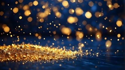 abstract background featuring gold and dark blue particles. Christmas Golden light particles bokeh against a background of navy blue. Texture of gold foil.