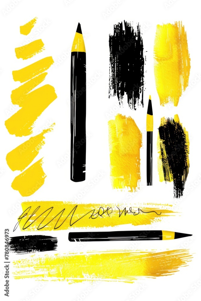 Poster a set of different colored pencils and brushes. ideal for arts and crafts projects