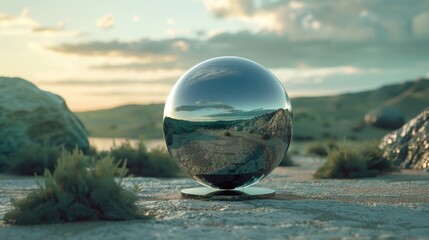 A glass ball resting on sandy ground, suitable for various concepts - obrazy, fototapety, plakaty